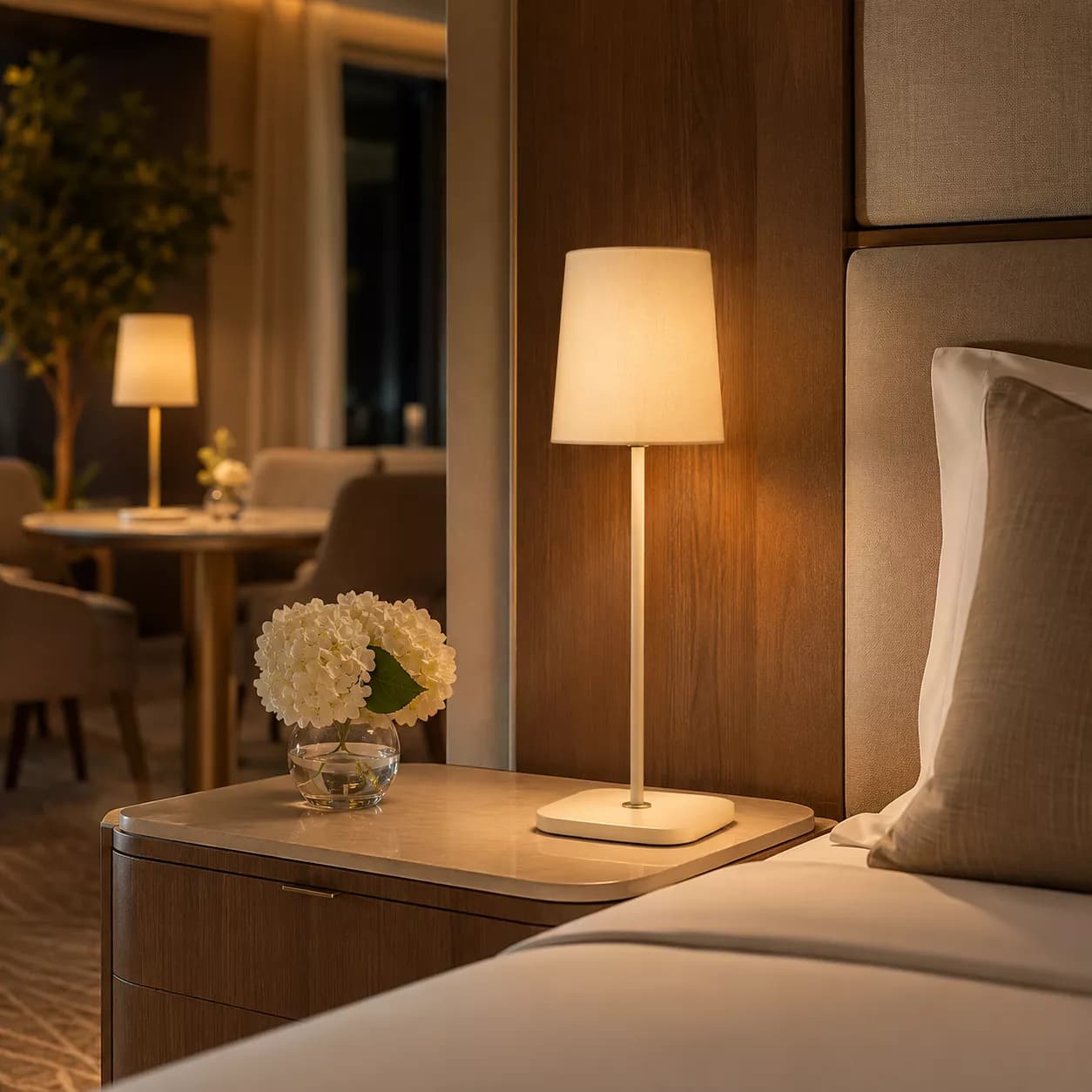 Rechargeable table lamps for hotel guest rooms and hospitality spaces